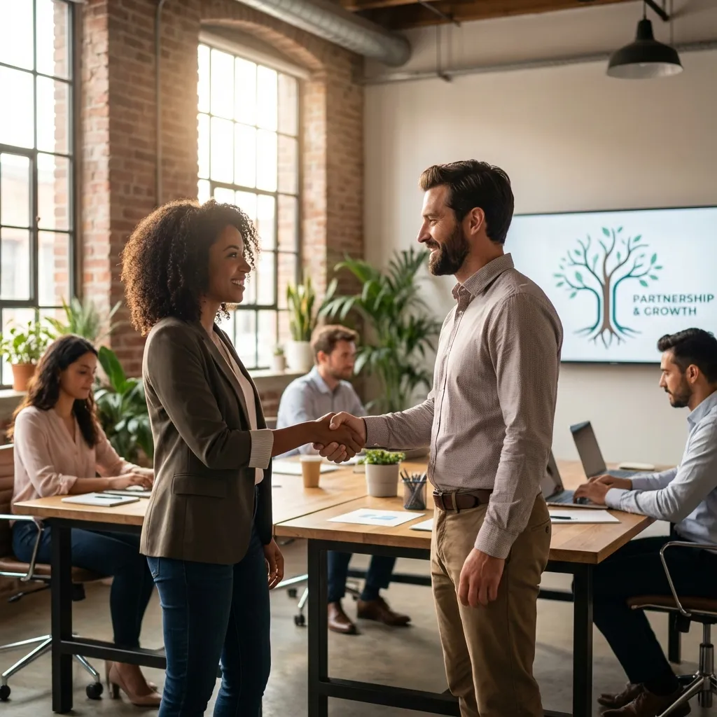Two professionals shaking hands in a modern startup office, symbolizing partnership and growth
